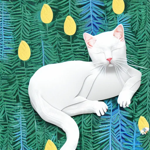 Prompt: a superhero white cat with spandex suit and cape sleeping curled up on bed of pine needles, digital art