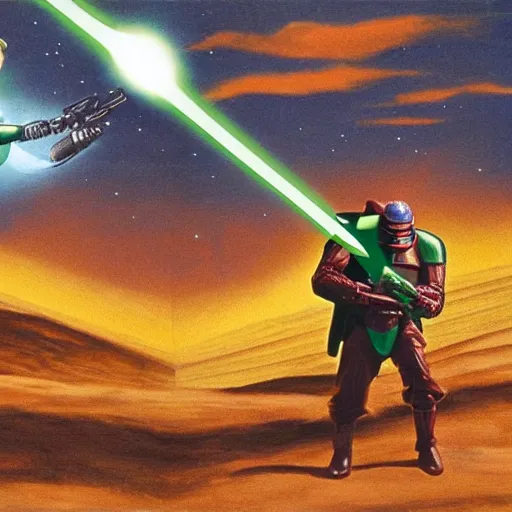 Prompt: captain kirk dueling boba fett on mars