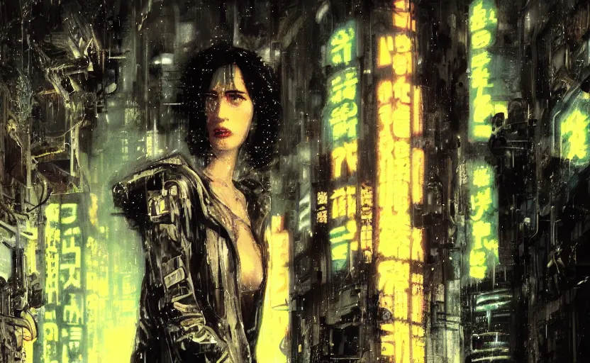 Image similar to detailed film still of portrait neon operator lady eva green in the movie blade runner, messy ponytail, cyberpunk futuristic, neon, reflective puffy coat, decorated with traditional japanese by ismail inceoglu dragan bibin hans thoma greg rutkowski alexandros pyromallis nekro, illustrated, perfect face, fine details, realistic shaded, fine - face,