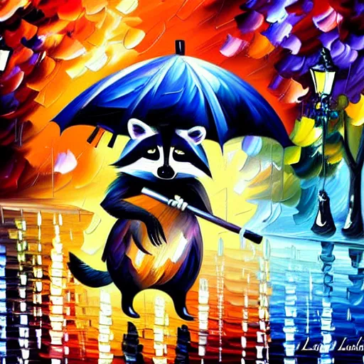 Image similar to raccoon with umbrella in the rain, by leonid afremov