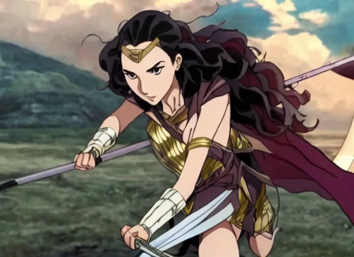 Image similar to gal gadot flying screenshot from demon slayer 鬼滅の刃 anime gal gadot