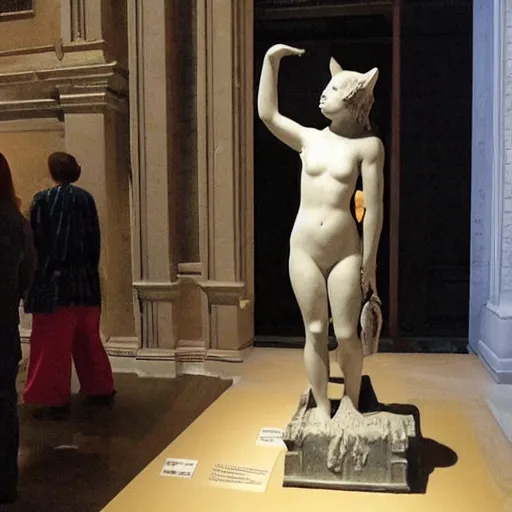 Prompt: a statue of cat from the renaissance age in the middle of the museum. People amazed of the new discovery.