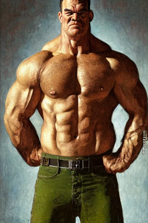 Image similar to upper body and head portrait of huge hulking absurdly muscular jocko willink as marvel character wearing plaid shirt and pants against simple background by alex ross and lawrence alma tadema and norman rockwell and greg staples, high detail