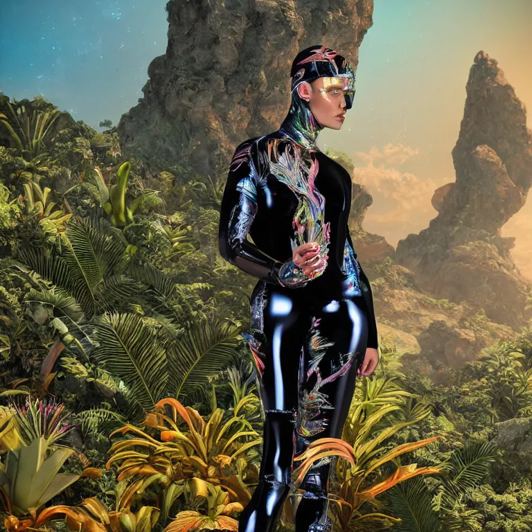 Image similar to octane render portrait by wayne barlow and carlo crivelli and glenn fabry, focus on a woman in a skintight shiny black spacesuit with intricate iridescent metal detailing, covered in bright colorful tropical alien flora in front of a giant photorealistic rocky cliff, cinema 4 d, ray traced lighting, very short depth of field, bokeh