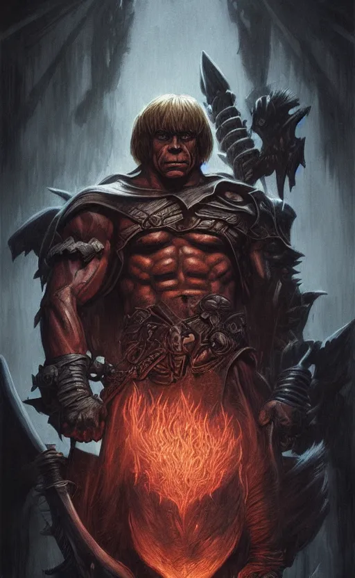 Image similar to uncut portrait of he - man, dark and mysterious and eerie and ominous character, cinematic, epic, highly detailed, intricate, illustration, artwork by marcus whinney and greg rutkowski