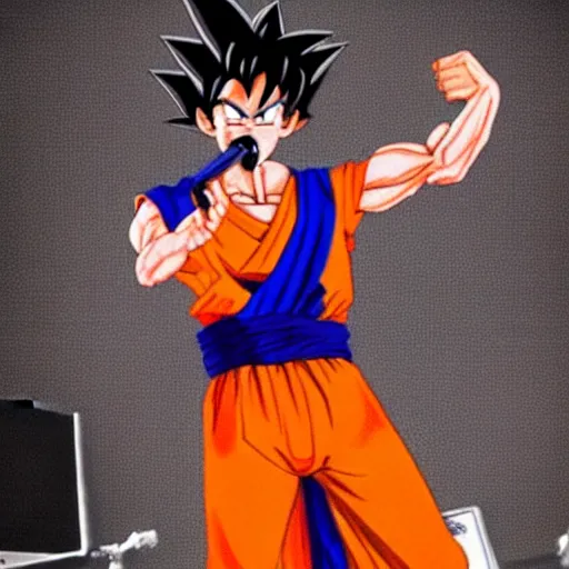 Prompt: photorealistic Goku singing at Sanremo