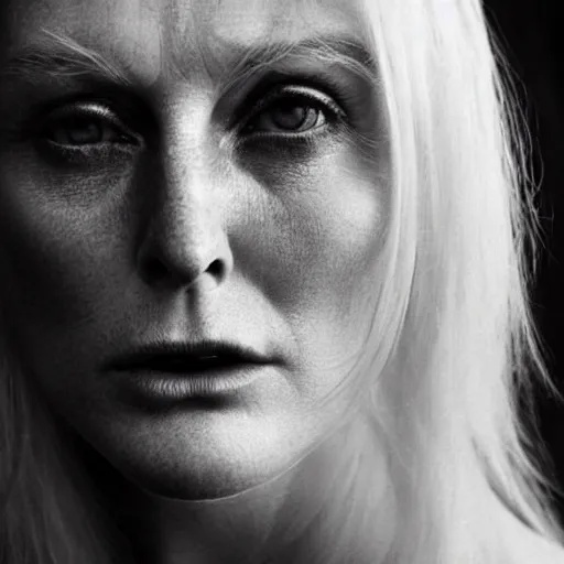 Image similar to portrait photo of julianne moore, full platinum blond, intense, pale skin, by kyle thompson, realistic, high detail, high quality, trending on pinteresst