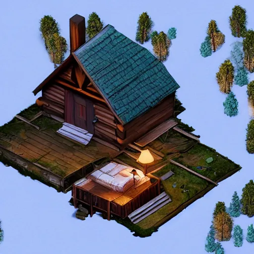 Prompt: concept art of a cabin in the woods, isometric view, detailed, volumetric lighting, unreal engine