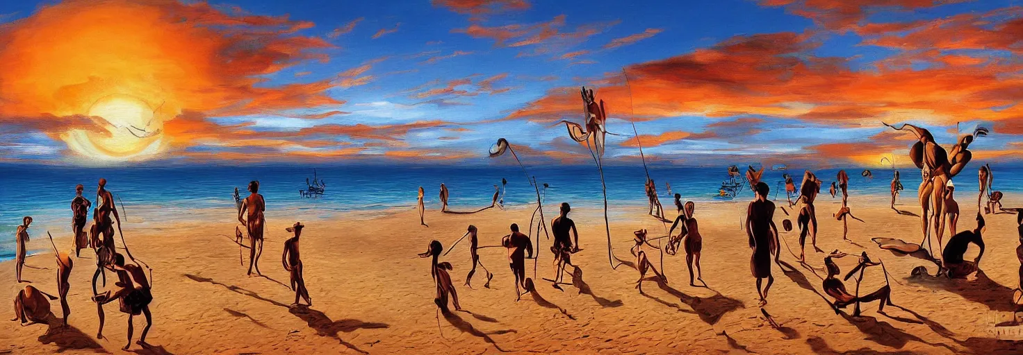 Image similar to People in beach by Salvador Dali and Bob Ross collaboration, mural, sun set, digital art, high details