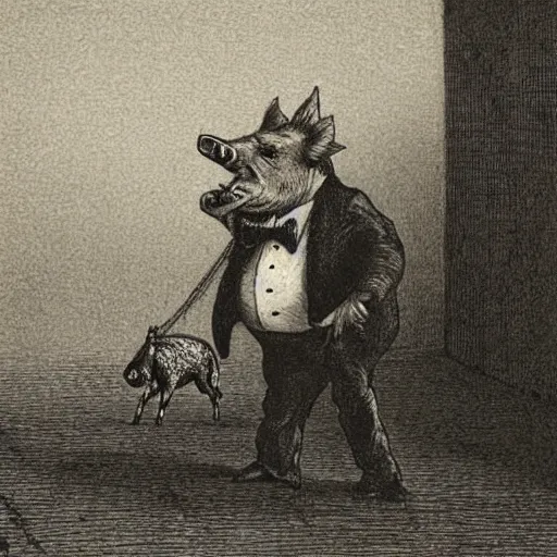 Prompt: a pig walking on two legs, creepy atmosphere, dressed in a tuxedo, dark, close-up, realistic, very realistic, illustration by Gustave Doré