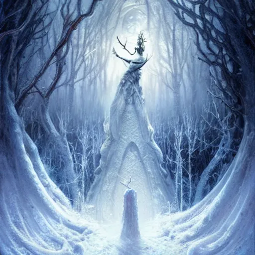 Prompt: creature of winter, of frozen hearts and brittle deaths Fantastic Surrealism, visually stunning high fantasy, Seb Mckinnon, Thomas Kinkade, Cosmic fantasy, Mystical and Spiritual energy, exquisite; astounding depth; epic; fantasy.