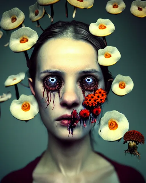 Prompt: a disturbing digital horror arthouse photograph of a beautiful crying woman with flowers and fungus growing out of her head and petals dripping from her eyes, intricate, sharp focus, cinematography, highly detailed, octane render, digital horror artwork, matte, photography by professional photographer