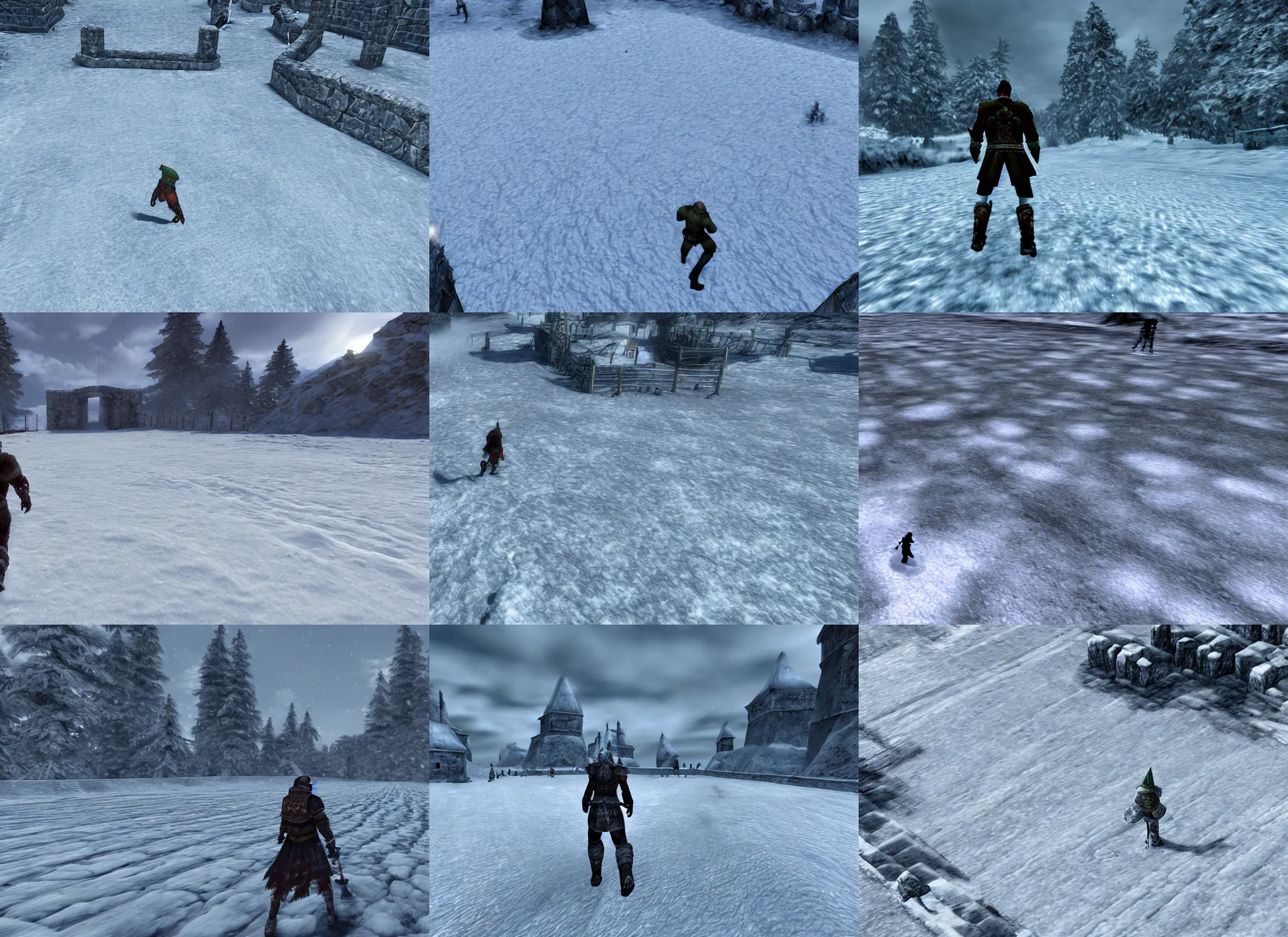 Prompt: a man walking on the snow field, baldur's gate, game screenshot