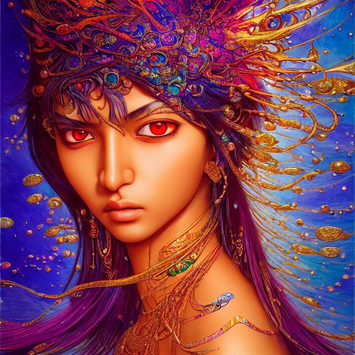 Image similar to ultra detailed illustration of a angry indian anime girl, skin covered in a sea of iridescent liquid, chrome metal material, lost in a dreamy oriental realm by Karol Bak, Moebius, hiroshi yoshida, Druillet, xsullo, colorful, front view, vivid colors, 8k, coherent, anime vibes, uplifting, magical composition, artstation, synthwave, 8k, coherent, artgerm, uplifting, unreal engine, magical composition, artstation