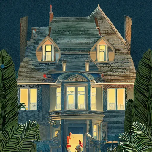 Image similar to people looking at a house, intricate, elegant, highly detailed, vector illustration, artstation, concept art, smooth, sharp focus, illustration, art by samuel werczler, tom whalen, niark 1, jonny wan, sea green color theme