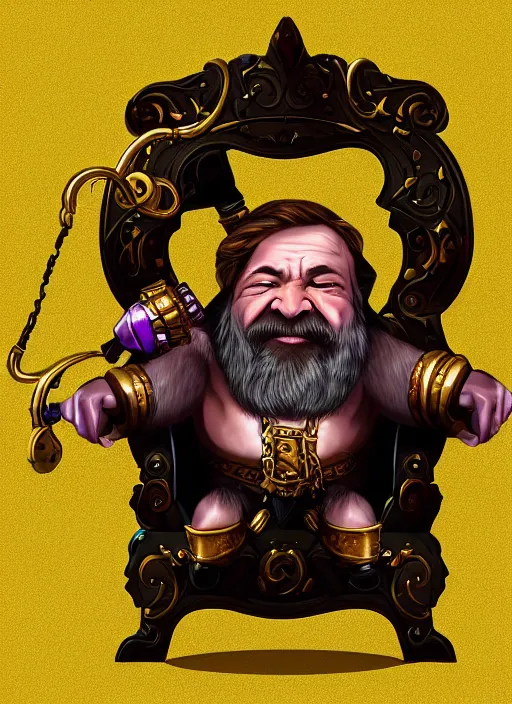 Image similar to dwarf fighter sitting in mechanical chair that has spider legs, gold and purple, exquisite details, black beard, white background, by studio muti