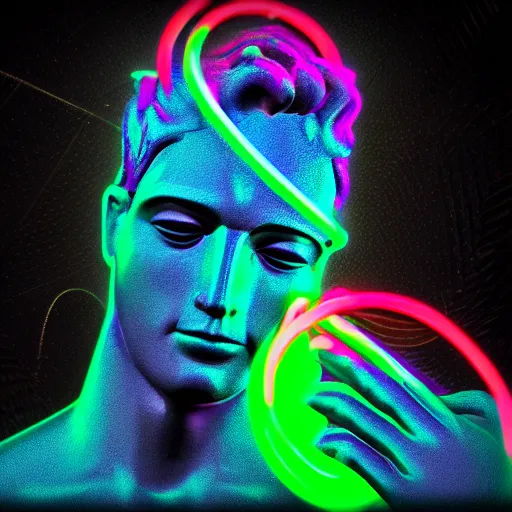 Image similar to the statue of david with a neon ring around the head in a synthwave, digital art, 3d render