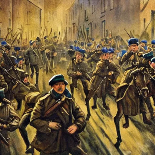 Image similar to beautiful painting of the Irish 1916 Easter rebellion, soldiers are fighting in the streets of Dublin