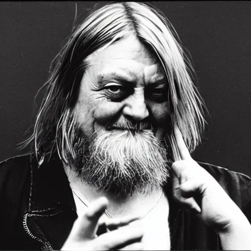 Image similar to punk robert wyatt flipping off the camera