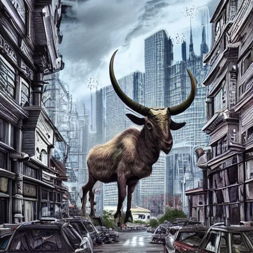 Image similar to a horned goat in a cityscape, intricate, futuristic, ultra realistic, hyper detailed, cinematic, bold,