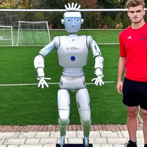 Image similar to a realistic detailed photo of a guy who is an attractive humanoid who is half robot and half humanoid, who is a male android, soccer player timo werner, shiny skin, posing like a statue, blank stare, by the pool, on display, showing off his muscles, humanoid robot, frozen ice statue, made of ice