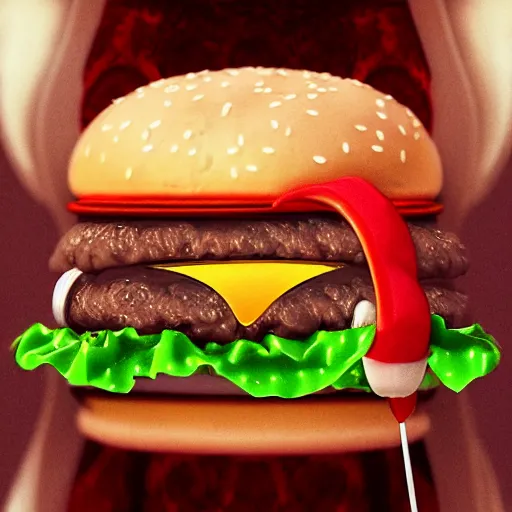 Prompt: victorian lady earing a burger, full body, intrincate, red and white, glitter, depth of field, 8k, hyper detailed, trending on artstation