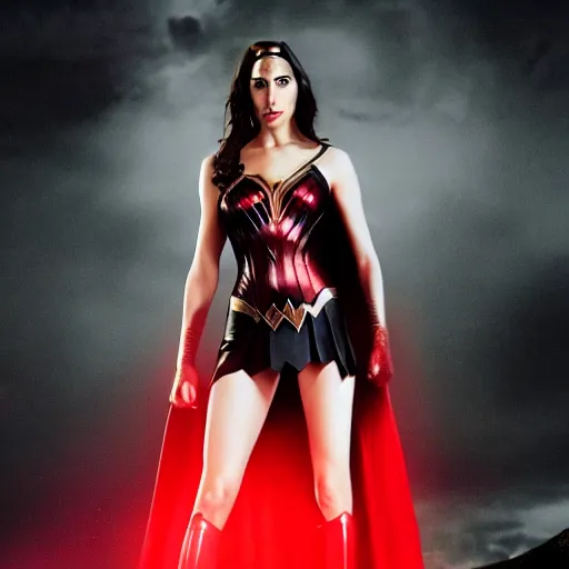 Image similar to Full body photo of the beautiful woman Gal Gadot a vampire, she is quiet, she has a black cape, there is a red glow coming from her, she is getting ulluminated by the red full moon, the photo was taking by Annie Leibovitz, matte painting, oil painting, naturalism, 4k, 8k