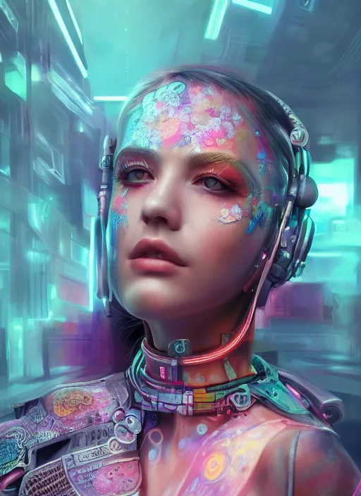 Image similar to detailed realistic full body colorful pastel painting of a cyberpunk female in intricate clothing, beautiful face, elegant pose, fantasy, illustration, insanely detailed and intricate, octane render, 4k