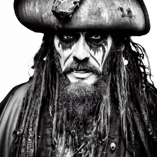 Prompt: 70mm photo of a dirty rugged old pirate lord wearing dirty old black hat, black coat and a wearing worn and stained skull bone mask, long black beard and long black hair, dark scene with dim light, movie scene, depth of field