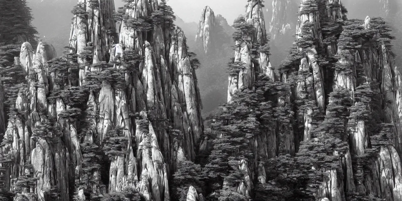 Prompt: huangshan with buddhist temples by ansel adams