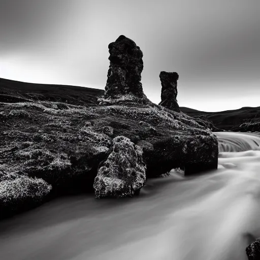 Image similar to minimalist black and white photograph of an icelandic valley, time exposure, of a river, sharp tall pillars, sharp rocks,