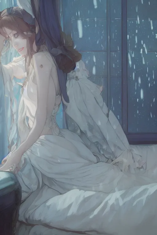 Image similar to a girl in a maid's outfit in the bedroom a night, raining outside the window, blue theme, wavy white long hair, by krenz cushart and mucha and akihito yoshida and greg rutkowski and makoto shinkai, 4 k resolution