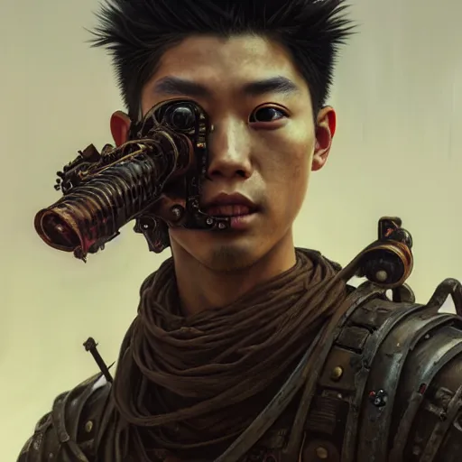 Prompt: portrait painting of a post - apocalyptic japanese young man wearing rusty samurai armor, ultra realistic, concept art, intricate details, eerie, highly detailed, photorealistic, octane render, 8 k, unreal engine. art by artgerm and greg rutkowski and charlie bowater and magali villeneuve and alphonse mucha