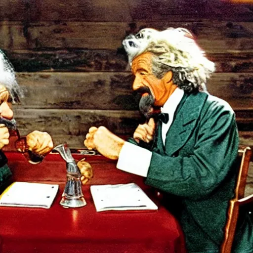 Image similar to Historical technicolor photograph, 350mm, arm wrestling match between Mark Twain and Albert Einstein