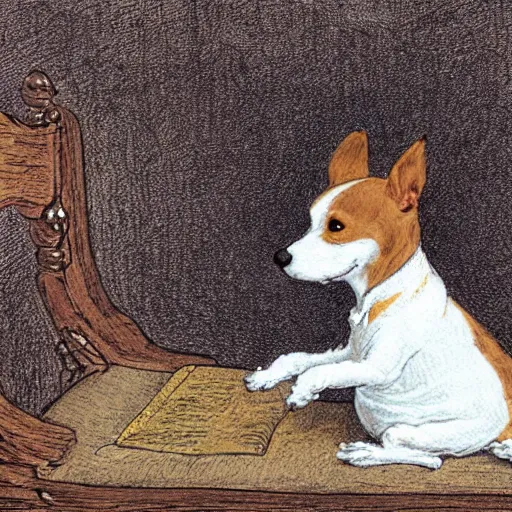 Prompt: closeup candid portrait of jack russel terrier thinking, illustrated by peggy fortnum and beatrix potter and sir john tenniel