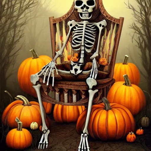 Image similar to a skeleton in a crown sitting on a chair surrounded by pumpkins, a storybook illustration by anne stokes, featured on deviantart, gothic art, behance hd, creepypasta, 2 d game art