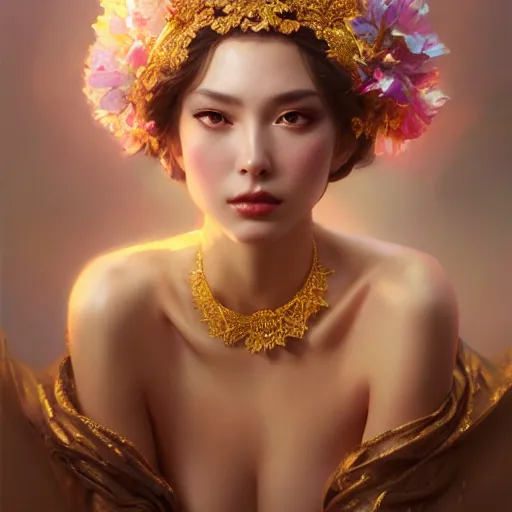 Prompt: expressive oil painting, of alluring european princess, seductive look, smooth glowing skin, glistening body, love, adoration, ornate headpiece made from flowers, side glamour shot, by yoshitaka amano, by greg rutkowski, by jeremyg lipkinng, by artgerm, digital art, octane render