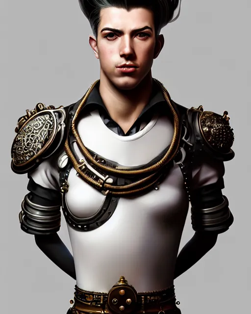 Prompt: male portrait, handsome, detailed white pompadour hair, intricate steampunk armor, by ilya kuvshinov, peter mohrbacher, greg rutkowski, godessmechanic, dramatic lighting, intricate, complex 3 d render, unreal engine 5, highly detailed, deviant art, sharp focus, luminous, blender, deviant art, masterpiece, ray tracing