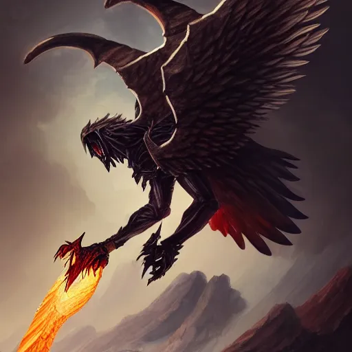 Prompt: painting of a fallen angel paladin with big burnt wings reaching the summit of a haunted mountain, sharp focus, award - winning, trending on artstation, masterpiece, highly detailed, intricate. art by johannes voss