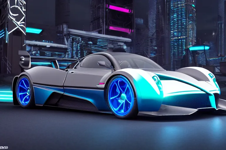 Prompt: cyberpunk pagani concept inspired car, futuristic look, highly detailed body, aerodynamic body, photorealistic camera shot, bright studio setting, studio lighting, crisp quality and light reflections, unreal engine 5 quality render