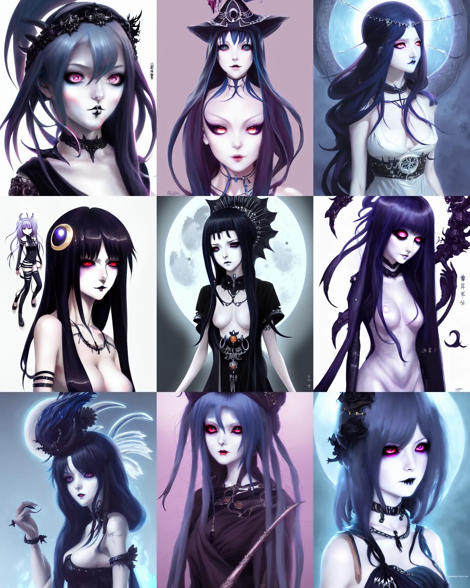 Prompt: character concept art of a goth anime moon goddess | | cute - fine - face, pretty face, realistic shaded perfect face, fine details by stanley artgerm lau, wlop, rossdraws, james jean, andrei riabovitchev, marc simonetti, and sakimichan, tranding on artstation