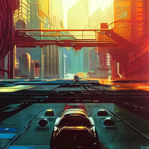 Prompt: busy cyberpunk futuristic cityscape located under a bridgeway, world seen only through a portal, daylight, cinematic perspective, cinematic lighting, blue sky, syd mead, john harris, symmetrical