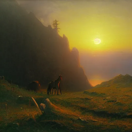 Prompt: a place far beyond , very detailed, oil painting, cinematic lighting, albert bierstadt, trending on artstation, colorful, canvas, sunset, hans dahl, theodor kittelsen