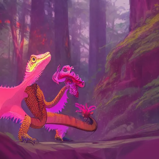 Prompt: concept art painting of an anthropomorphic bearded dragon anthro wearing magenta wizard robes, in the deep forest, realistic, detailed, cel shaded, in the style of makoto shinkai and greg rutkowski and james gurney