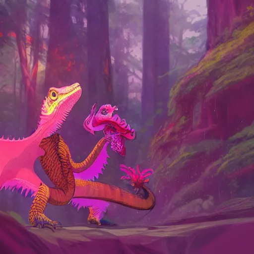 Image similar to concept art painting of an anthropomorphic bearded dragon anthro wearing magenta wizard robes, in the deep forest, realistic, detailed, cel shaded, in the style of makoto shinkai and greg rutkowski and james gurney