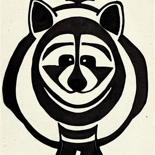 Prompt: raccoon, cute, block print, simple stylized, black ink on white paper