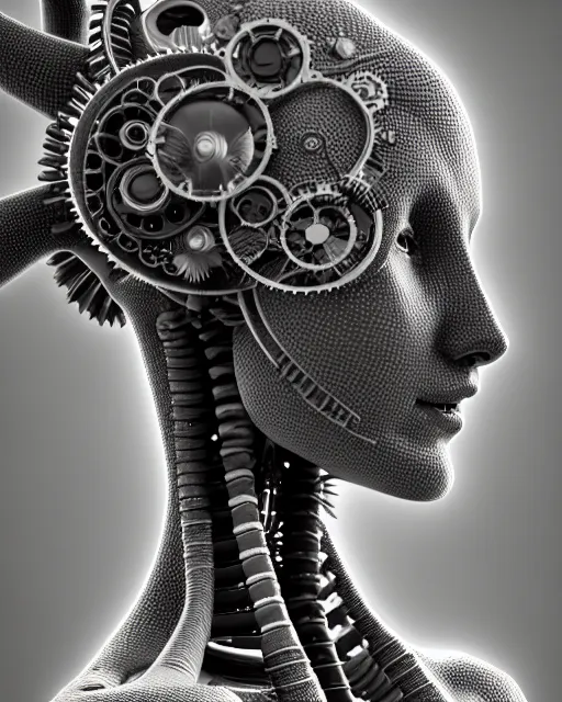 Image similar to mythical black and white organic bio-mechanical spinal ribbed profile face portrait detail of mechanical beautiful female angelic-vegetal-cyborg, highly detailed, intricate steampunk ornate, poetic, 3D render, digital art, octane render, 8K artistic photography, photo-realistic, by Dora Maar