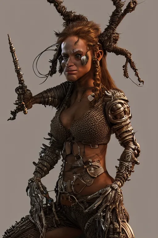 Prompt: realistic render portrait of a female troll rogue with intricate armor , intricate, dystopian toy, sci-fi, extremely detailed, digital painting, sculpted in zbrush, artstation, concept art, smooth, sharp focus, illustration, chiaroscuro lighting, golden ratio, incredible art by artgerm and greg rutkowski and alphonse mucha and simon stalenhag