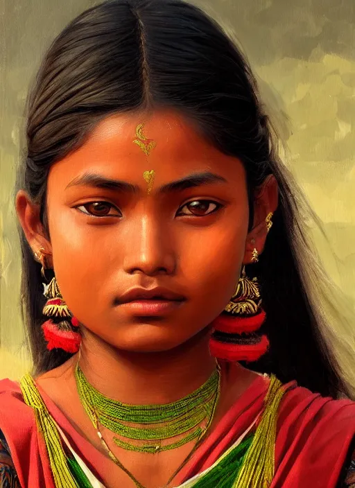 Prompt: portrait of a beautiful teen assamese ethnic north east india, closeup portrait, historical, ethnic group, traditional costume, elegant, loin cloth, highly detailed, oil painting, artstation, concept art, matte, sharp focus, illustration, hearthstone, art by earl norem