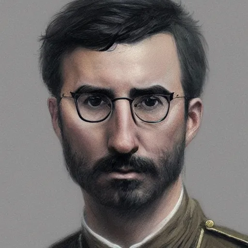 Prompt: portrait of stoic looking john oliver, military uniform, fantasy, intricate, elegant, highly detailed, centered, dark, smokey, charcoal painting, digital painting, artstation, concept art, smooth, sharp focus, illustration, art by artgerm and greg rutkowski and alphonse mucha